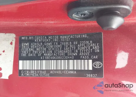 2008 Toyota Camry Le из США, поврежденный, VIN 4T1BE46K08U230440